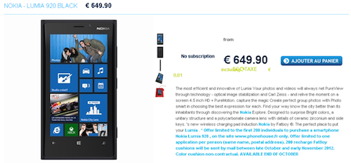 Một nhà bán lẻ tại Pháp đã cho đặt hàng trước Lumia 920, tặng kèm sạc không dây Fatboy, 840 USD